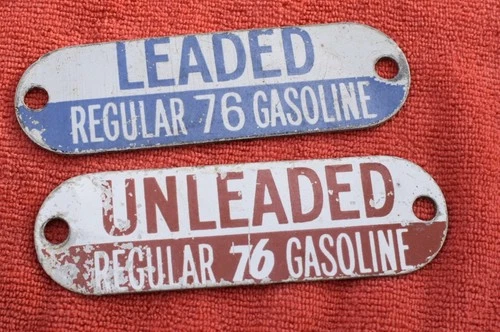 Vintage Rare Pair Leaded & Unleaded 76 Gasoline Porcelain Oil Tag Sign 5”
