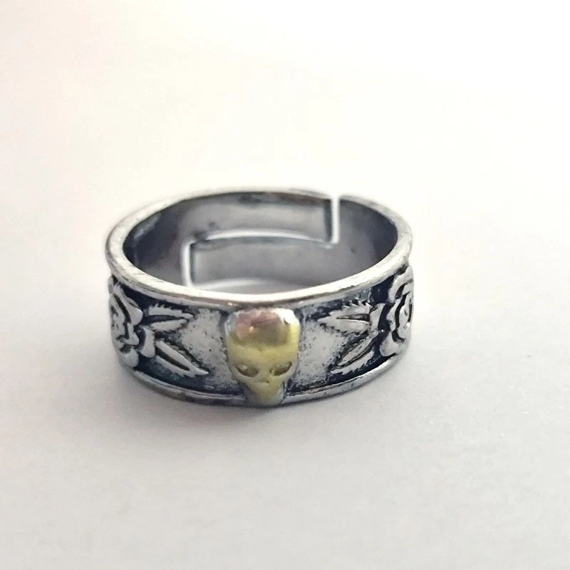 Retro Herren Ring Blumen Schädel Silber plattiert verstellbar 3D Ring - Bild 1 von 4