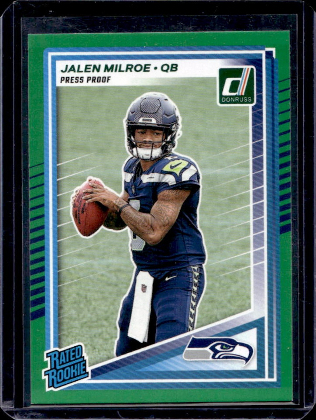 2025 Donruss Jalen Milroe Rated Rookie Press Proof Green RC #307 Seahawks
