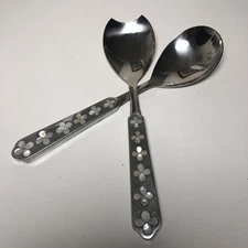 VTG Mid Century Modern Salad Serving Set Mother of Pearl Inlay Floral India