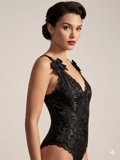 Victoria s Secret Black Floral Lace One Piece Bodysuit Bow Straps Size S