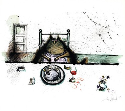 Funny Fat Cat Print Eating At Dinner Table 1970s Ronald Searle Cat Art 6774L