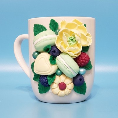 Handmade 3D Polymer Clay Coffee Mug With Flowers Berries Birthday Gift For Her 