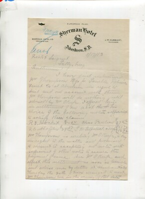 Vintage Letterhead SHERMAN HOTEL 1913 Aberdeen SD 2 pages | eBay