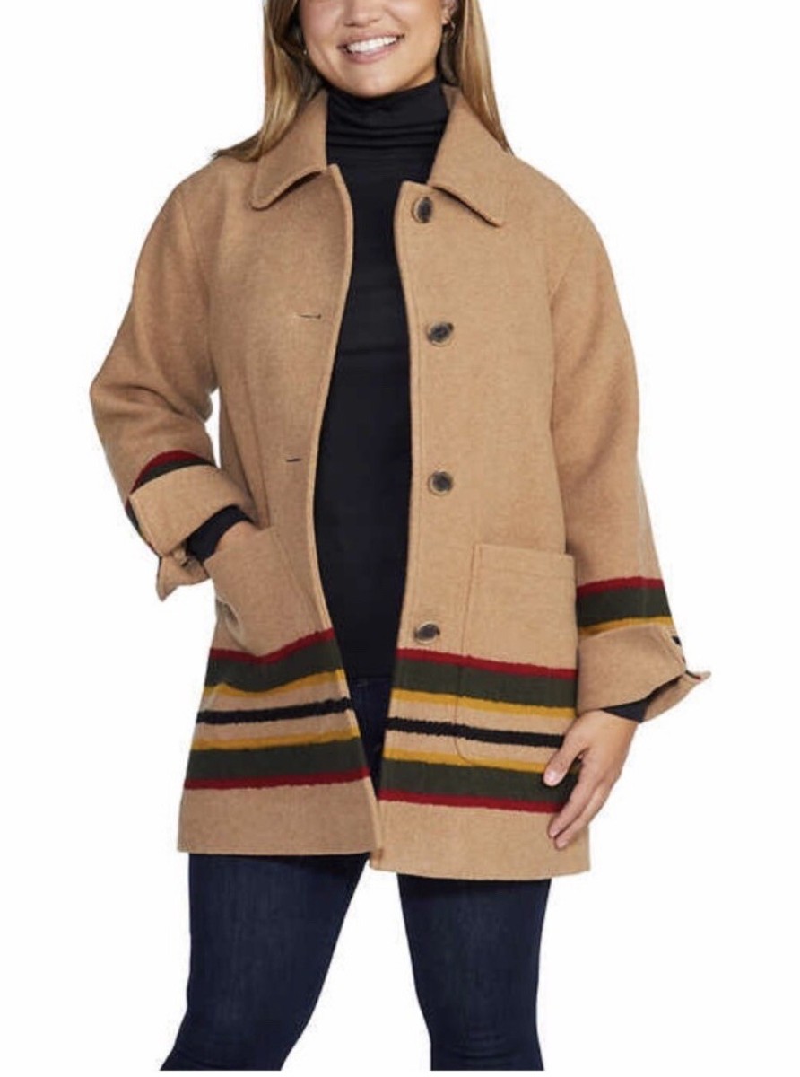 Pendleton Wool Blend Walker Coat Jacket Button Stripe Tan Women