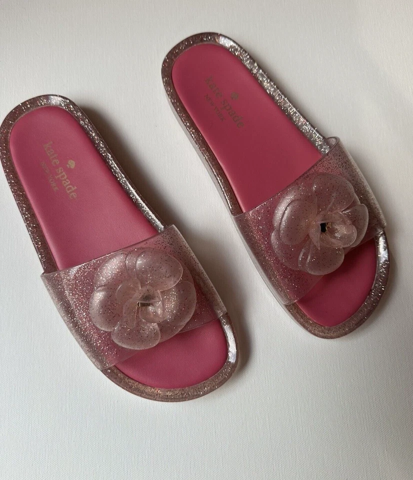 Sandalias Kate Spade NY Rosa y Dorado Brillo Salpicaduras Flor Jalea Talla 8 Foto 4 de 4
