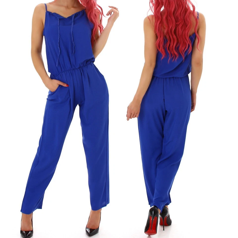 Damen Overall Onesie lang Jumpsuit Träger verstellbar Blumen Einfarbig Sommer - Bild 3 von 4