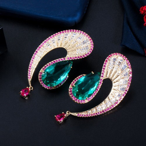 Sparkling 18k Gold Rose Red Blue CZ Big Drop Earrings for Women Wedding Banquet - Bild 6 von 11