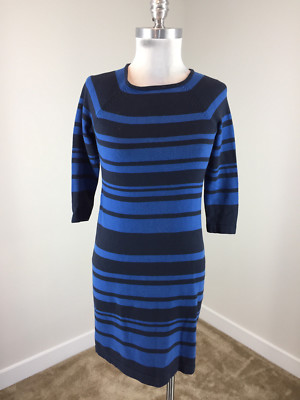 Ann Taylor Xs P Blue Stripe Knit dress 3/4 sleeve stretch sheath boat neck  Cute | eBay