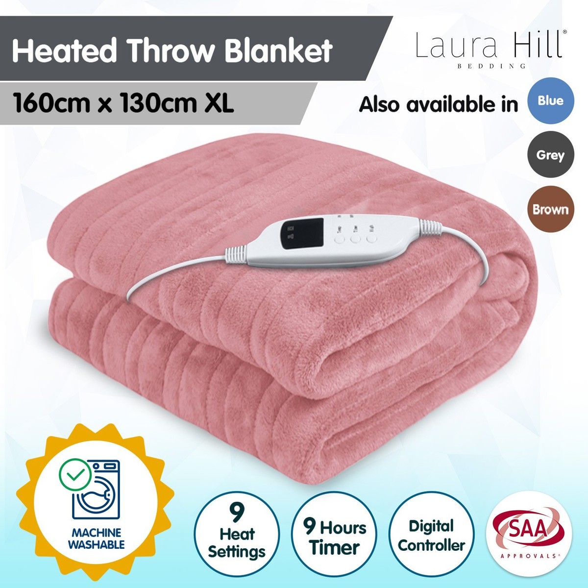 Laura Hill Heated Electric Blanket Throw Rug Coral Warm Fleece