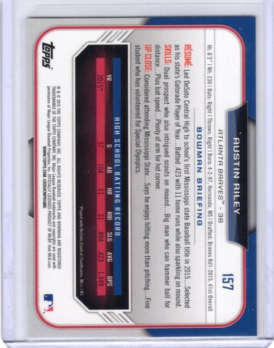 2015 Bowman Draft #157 Austin Riley 1st RC Rookie Card - Picture 2 of 2