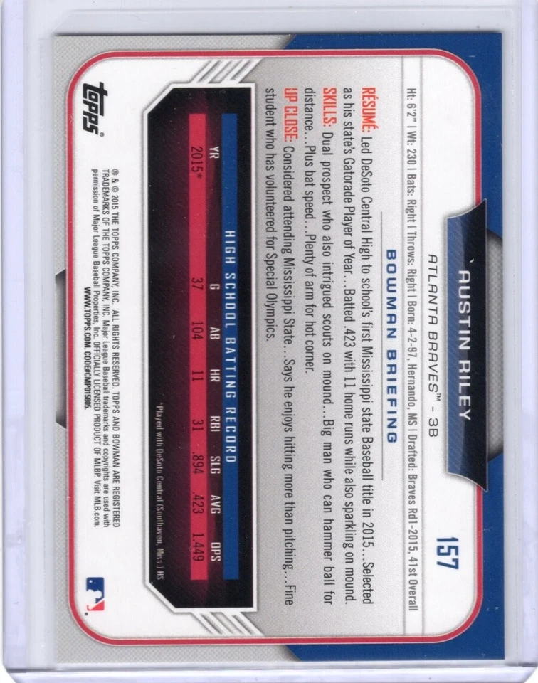 2015 Bowman Draft #157 Austin Riley 1st RC Rookie Card - Image 2 of 2