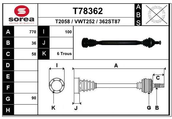 Cardan pour Audi A1 1.4 TFSI et VW Polo GTI transmission avant droite