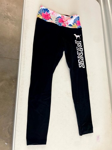 Pink Victoria's Secret Leggings Women's Large Black Floral Mid-Rise Skinny Leg