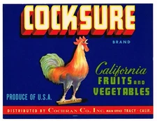 GENUINE CRATE LABEL VINTAGE COCKSURE RARE 1950S TRACY FRUIT ROOSTER COCK 5X7
