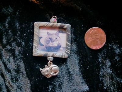 polymer clay pendant cat staring into the Fishbowl fish predator kitten