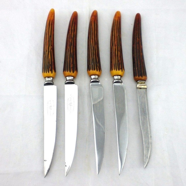 Lot of 5 Vtg Sheffield Stainless Steel Crown Crest Steak Knives Faux