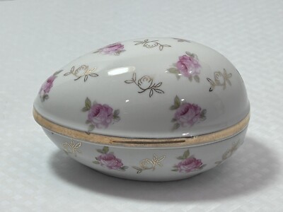 Vtg Norleans Japan Rose Floral Porcelain Egg-Shaped Gilded Trinket Dresser Box
