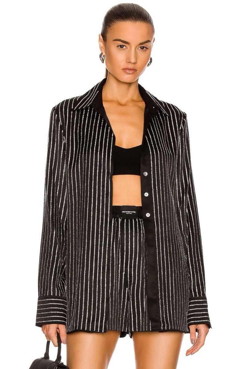 Alexander Wang Slim Silk Shirt w/ Crystal Hotfix Embellish