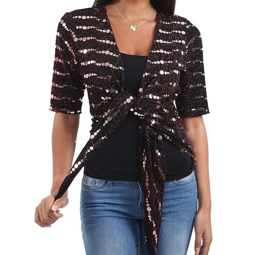 Ladies Tie Up Short Sleeve Big Spot Lurex Shrug Cropped Sequin Open Front Shrug - Picture 6 of 7
