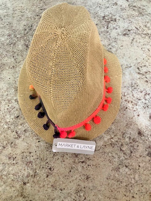 Tan Mesh Sun Hat with colored pompoms with tags