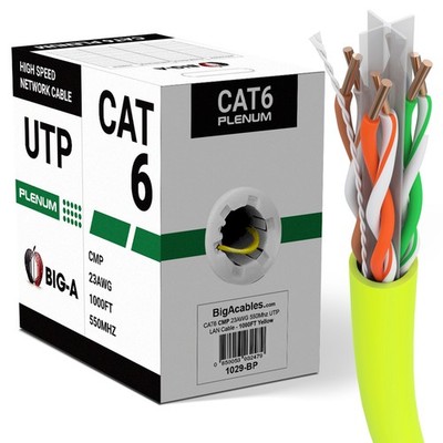 Big A - Cat6 Plenum Cable 1000 Feet CMP Cat 6 Ethernet UTP Network Cord - Yellow