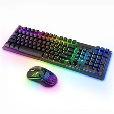 Wireless Keyboard and Mouse RGB Backlit Combo, Rechargeable 2.4G Light Up Cor...