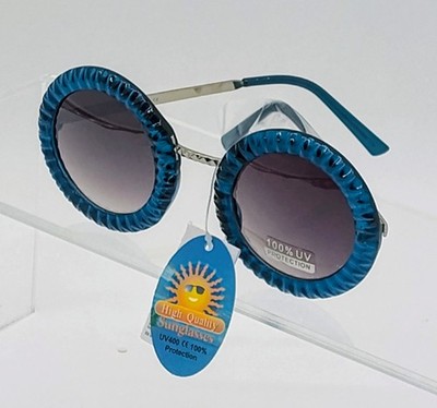 8141-B      Retro Blue Round Plisse Textured Frame UV400 Fashion Sunglasses