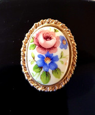 Antike Brosche Emaille Blumen oval 3,4 cm Emaillebrosche Rose Goldfarben