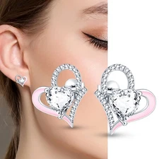 KUNSIR 925 Sterling Silver AAA CZ Hearts Stud Earrings For Women Jewelry Gifts