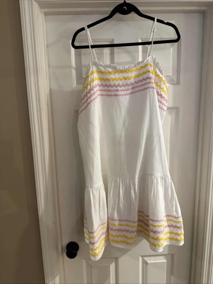 Lisa Marie Fernandez White Linen Dress Pink Yellow Rick Rack Size Large