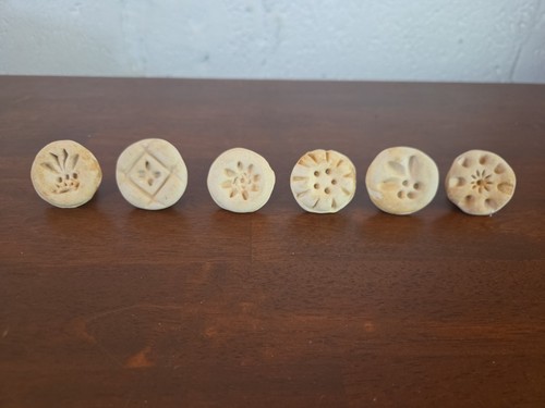 6 Vtg Cookie Butter Clay Mold Stamps 1.5" Handmade Folk Art Primitive Unique 