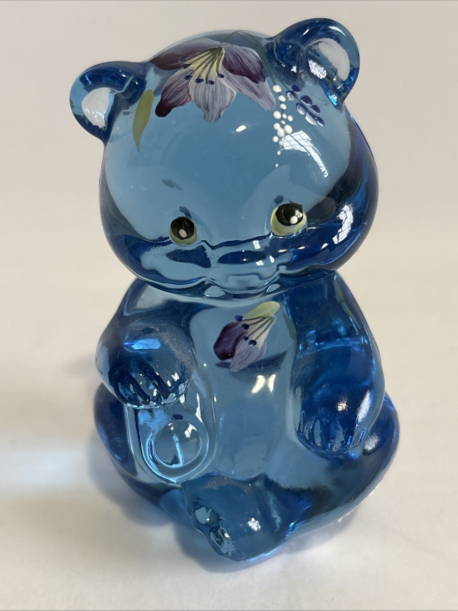 Fenton Art Glass Blue Bear Figurine Hand painted Floral Signed S