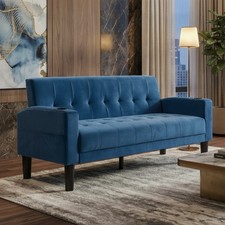 Blue Velvet 2-Seater Sofa Bed with USB Charging, Cup Holders, Mid-century Modern