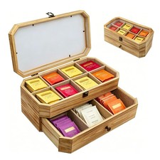 Tea Bag Organizer Countertop Solid Wood Box Drawer Acrylic Window Large