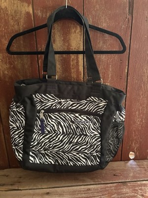 JanSport Zebra Print Tote Bag Black White Shoulder Strap Zipper Pockets Women