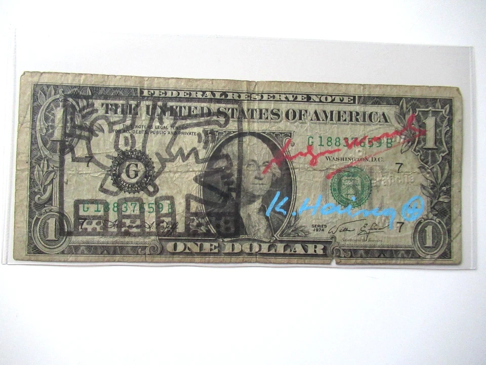 A. WARHOL/K. HARING: 1 US Dollar 2x ORIGINAL SIGNIERT,  MIT AMTL. ST. 1977