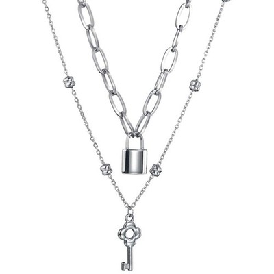 Edelstahl Schloss und Schlüssel Statement Doppel Kette Choker Halskette (Silber)