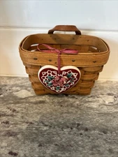 Longaberger 1993 With Heart Tie On Basket- Leather Handle - Hanger Vintage VGC