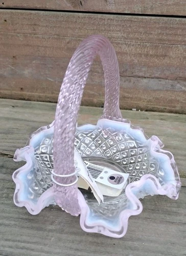 Fenton Opalescent Glass Diamond Lace Basket w/ Pink Crest & Handle. Pretty!