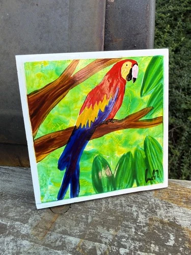 Vintage Ceramic Tile Art Wall Decor, Colorful Red Macaw Parrot, signed 4”x4”