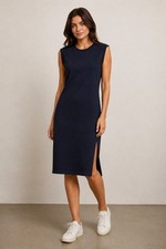 NWT Talbots Cotton Modal Jersey Midi Dress Crew Neck Navy Indigo Petite XS / S