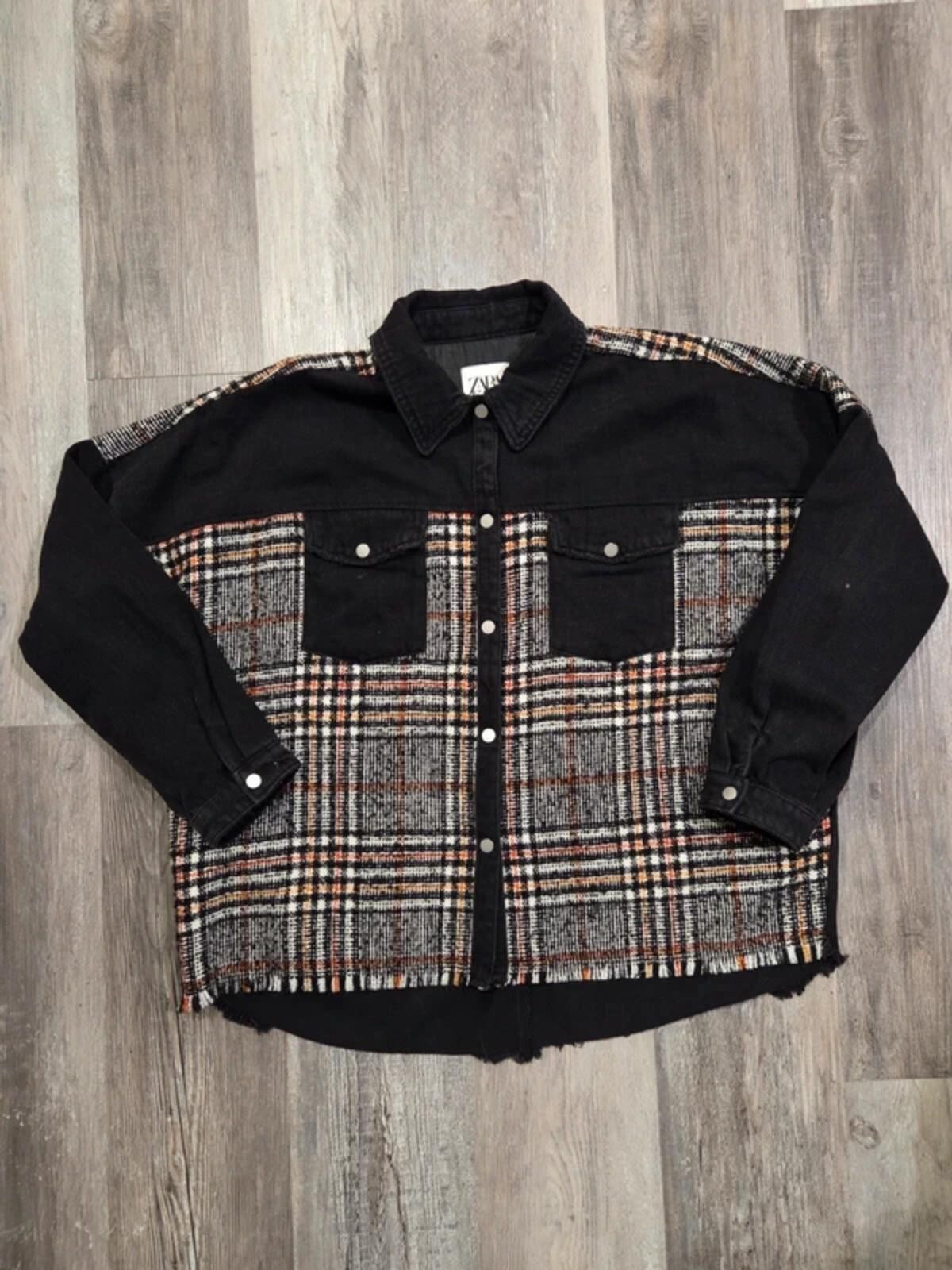 Black Zara Tweed Jacket Oversized Contrast Denim Plaid Size L