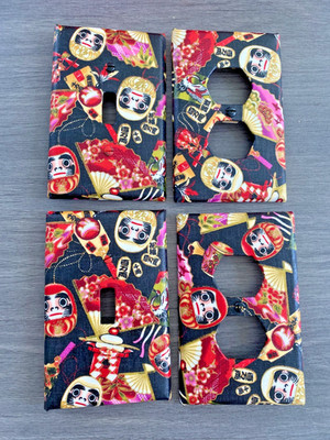 COLORFUL JAPANESE DARUMA SWITCHPLATE COVERS 2 PC SET HANDMADE WITH FABRIC MID SZ