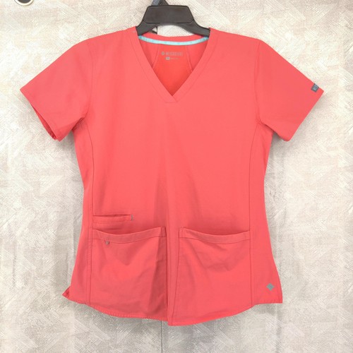 Med Couture Scrub Shirt Womens Medium Coral V-Neck Stretch Pockets Nursing 8579