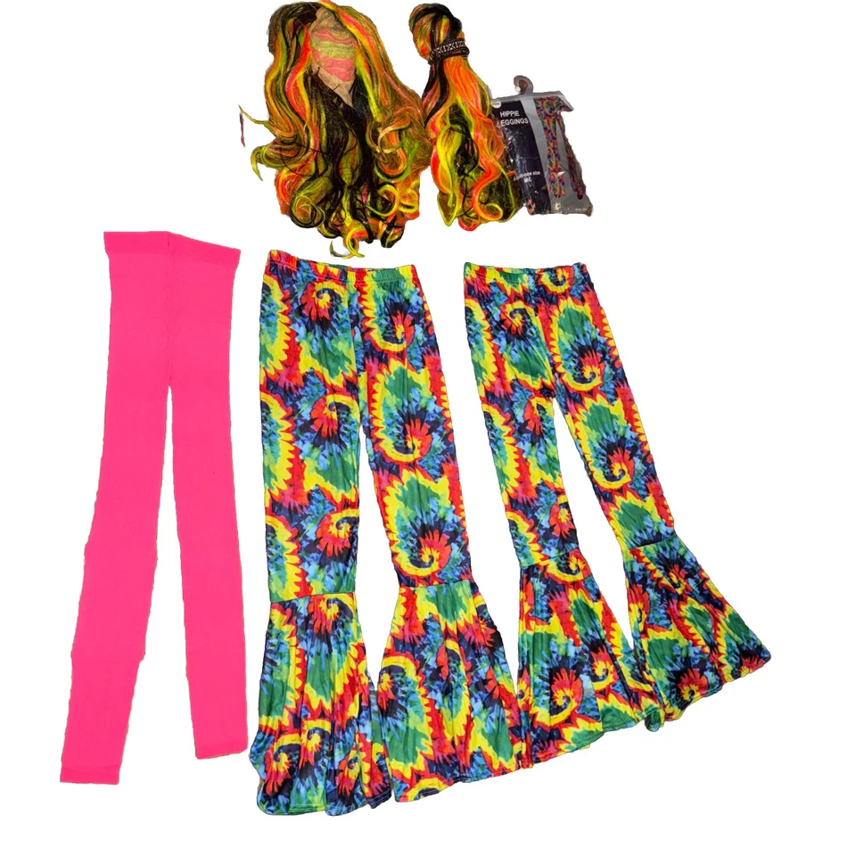 2 Bell Bottom Flare Stretch tie dye Hippie Pants Legging/2 wigs/pink legging - Image 3 of 4