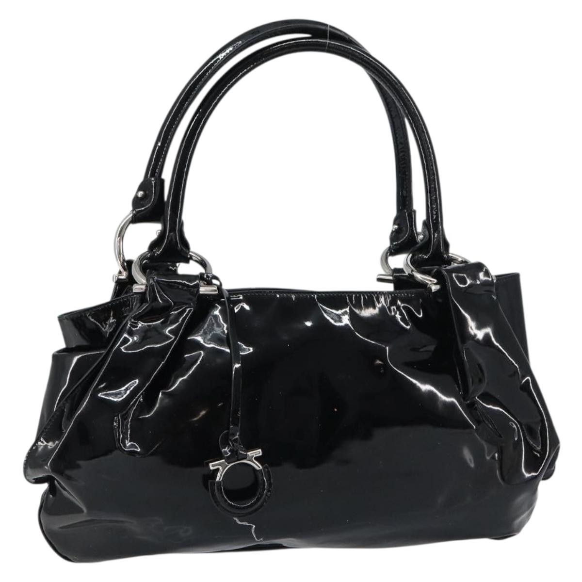 Salvatore Ferragamo Gancini Tote Bag Enamel Black Silver Auth 