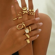 Open Rings Set Gold Color Geometric Chunky Adjustable Women Jewelry 12PCS