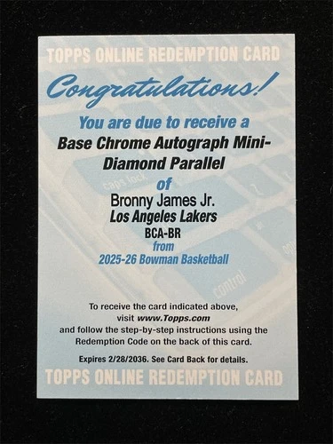 2025-26 Topps Bowman Chrome Bronny James Jr. Mini-Diamind Auto /100
