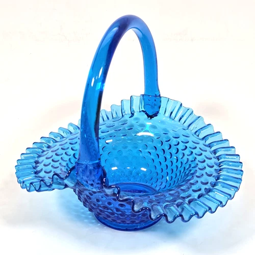 FENTON GLASS HOBNAIL BASKET COLONIAL BLUE FLUTED RUFFLED 10" SIGNED VINTAGE 70s